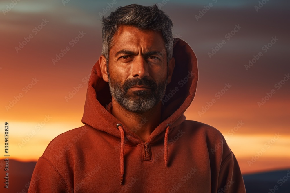 Portrait of a merry indian man in his 40s sporting a comfortable hoodie on vibrant sunset horizon Portrait of a merry indian man in his 40s sporting a comfortable hoodie on vibrant sunset horizon