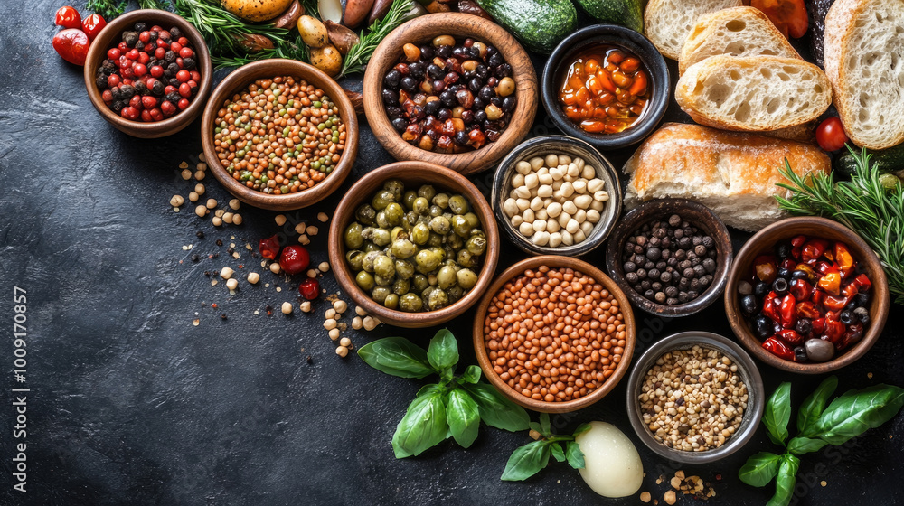 A variety of grains, seeds, and colorful vegetables arranged artistically on a kitchen countertop, showcasing fresh ingredients and natural textures A variety of grains, seeds, and colorful vegetables arranged artistically on a kitchen countertop, showcasing fresh ingredients and natural textures