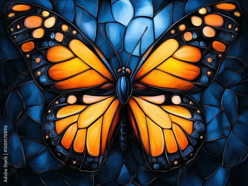 A vibrant, digital illustration of a butterfly with orange and black wings against a blue, textured background. A vibrant, digital illustration of a butterfly with orange and black wings against a blue, textured background.