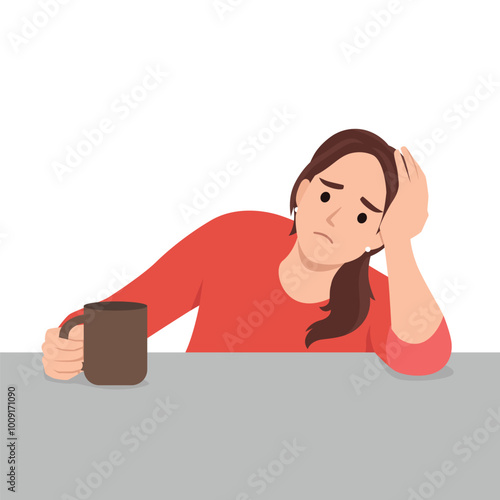 Exhausted young woman sit at table drink coffee feel fatigue or drowsiness. Flat vector illustration isolated on white background