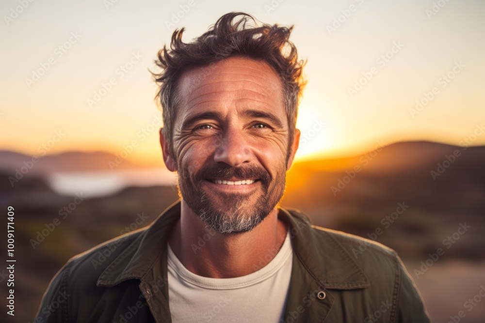 Portrait of a happy man in his 40s donning a trendy cropped top over vibrant sunset horizon Portrait of a happy man in his 40s donning a trendy cropped top over vibrant sunset horizon