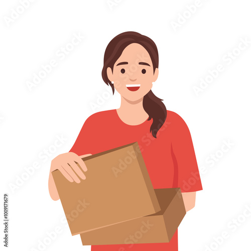 Happy young woman opening a present box. Flat vector illustration isolated on white background