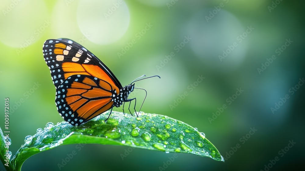 A monarch butterfly rests on a dew-covered leaf. A monarch butterfly rests on a dew-covered leaf.