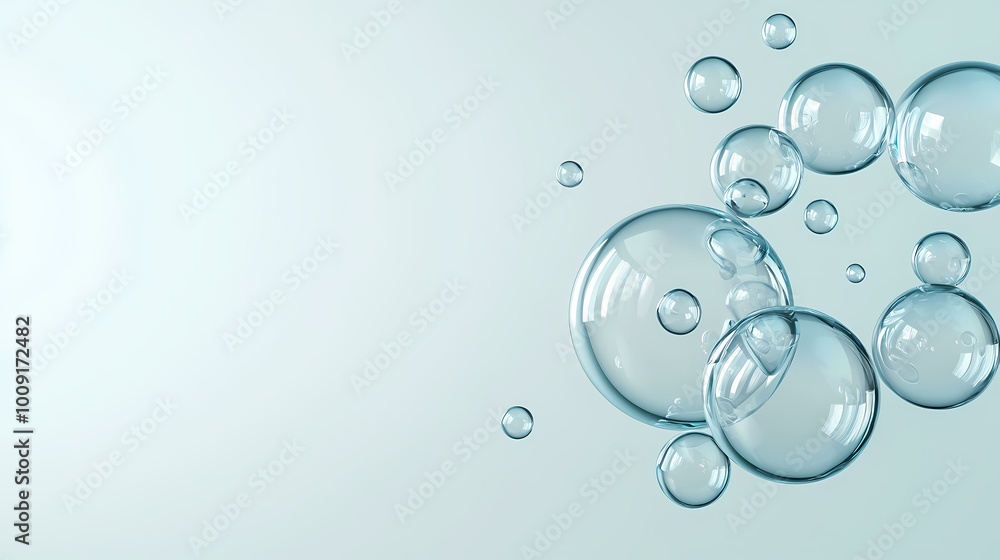 A cluster of transparent bubbles floats against a light blue background. A cluster of transparent bubbles floats against a light blue background.