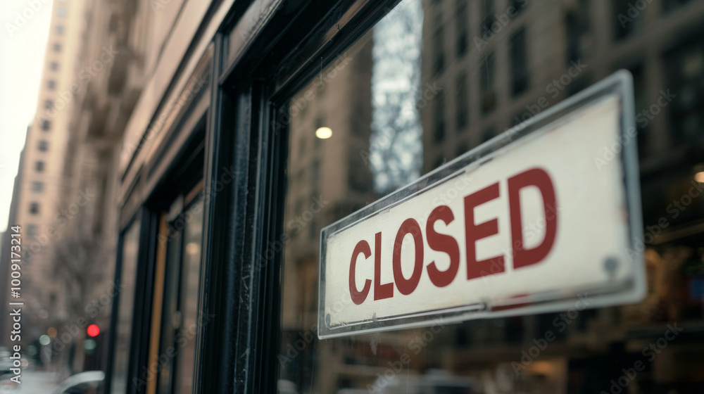 Obraz premium Closed sign on the glass door of a shop with urban cityscape background