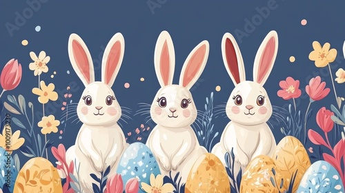 Cute Easter Bunnies with Eggs and Flowers