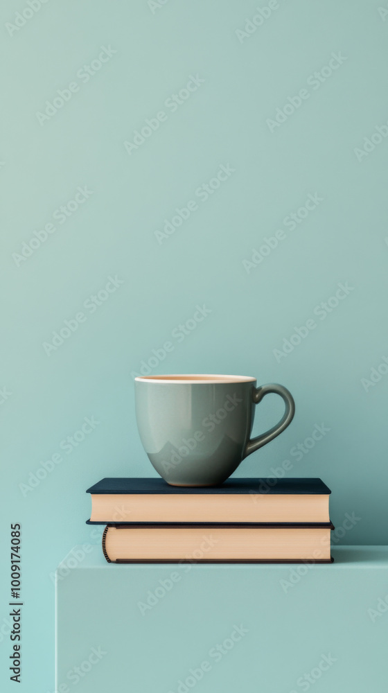 Coffee cup on stacked books on table, reading concept color background with copy space Coffee cup on stacked books on table, reading concept color background with copy space