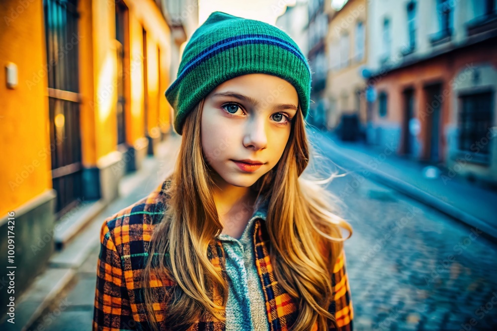Fototapeta premium Cozy and Stylish Petite Teen Fashion: Trendy Outfit for Young Girls in a Bright Urban Setting