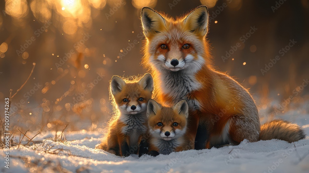 photo of a fox with her babies in a serene winter landscape soft white snow blankets the ground warm light creates a contrast with cool tones intimate family moment captured beautifully photo of a fox with her babies in a serene winter landscape soft white snow blankets the ground warm light creates a contrast with cool tones intimate family moment captured beautifully