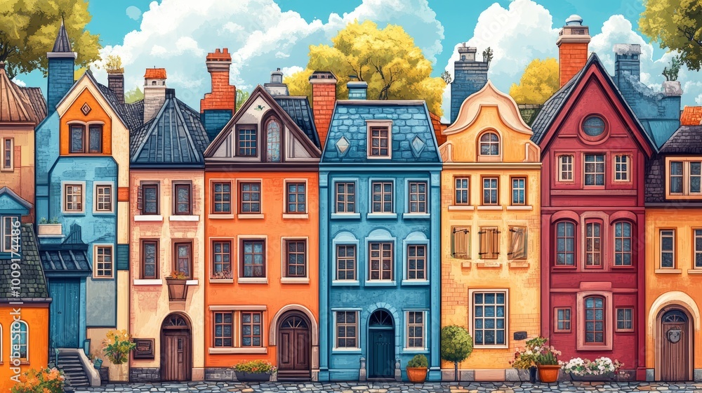 Fototapeta premium Colorful Townhouses with Blue Sky and Clouds