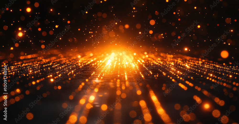 Golden particles radiate outward in an abstract space setting at night, creating a mesmerizing and vibrant light display Golden particles radiate outward in an abstract space setting at night, creating a mesmerizing and vibrant light display