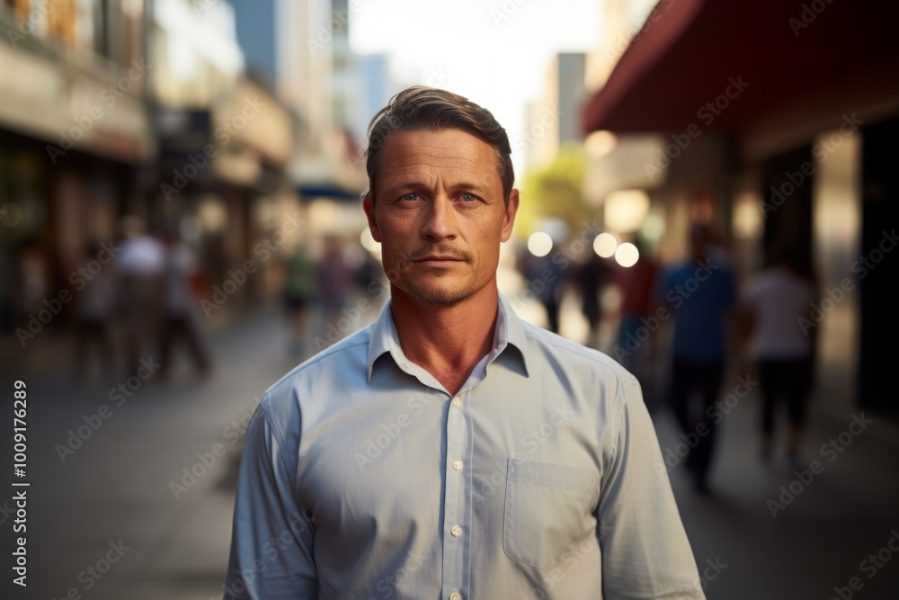 Portrait of a glad man in his 40s wearing a simple cotton shirt isolated in busy urban street Portrait of a glad man in his 40s wearing a simple cotton shirt isolated in busy urban street