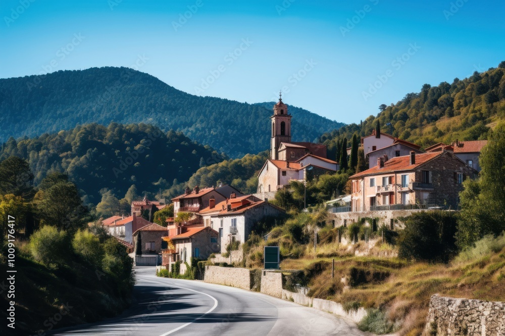 French village with church architecture outdoors mountain. French village with church architecture outdoors mountain.
