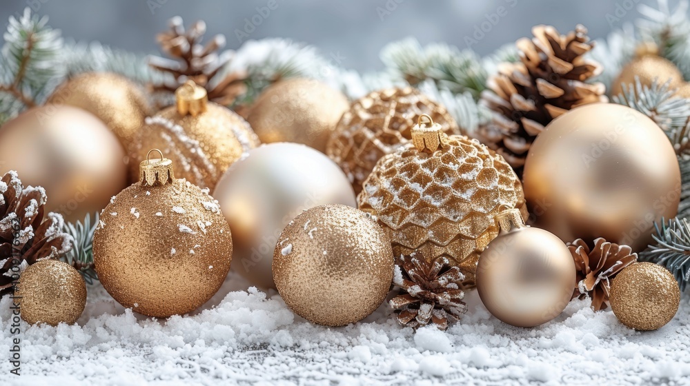 Beautifully decorated golden Christmas ornaments with pinecones on a snow-covered surface, evoking a festive and elegant holiday atmosphere Beautifully decorated golden Christmas ornaments with pinecones on a snow-covered surface, evoking a festive and elegant holiday atmosphere