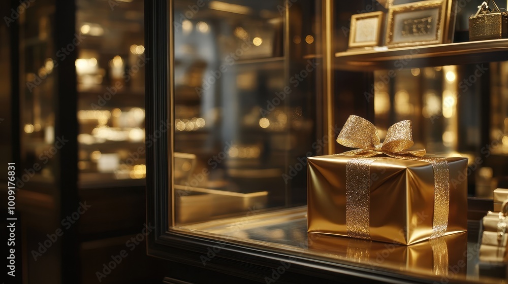 Elegant Golden Gift Wrapped in a Cozy Home Interior Elegant Golden Gift Wrapped in a Cozy Home Interior
