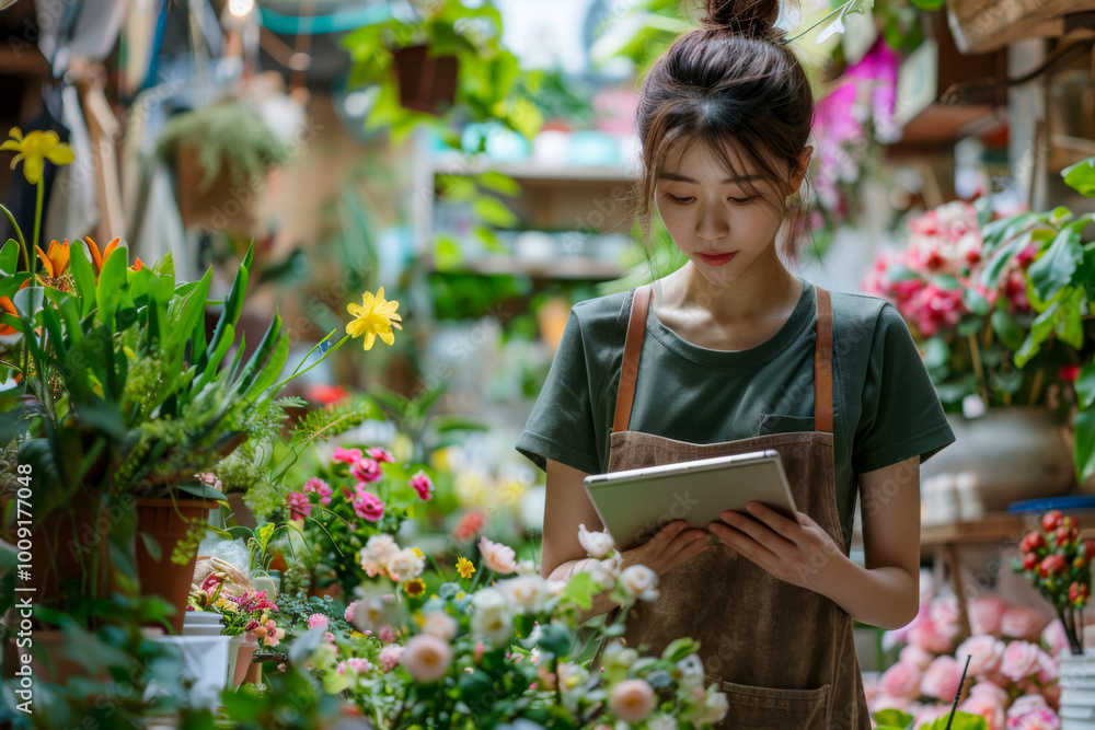 Florist Asian woman is working in plant store. Flower shop is small business store. Rustic decor. Green botanical job with bouquets for decorations, celebrates. Natural workplace garden. Romantic job Florist Asian woman is working in plant store. Flower shop is small business store. Rustic decor. Green botanical job with bouquets for decorations, celebrates. Natural workplace garden. Romantic job
