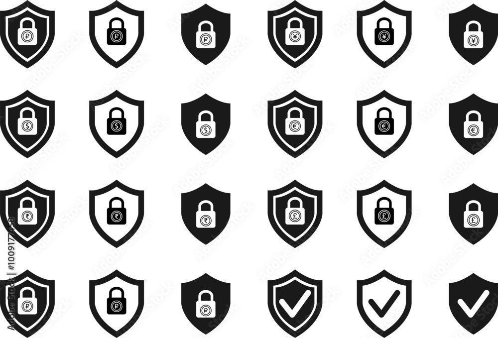 Set of security shield icons. Lock security icon with currency symbol. Safety protection security shield sign.