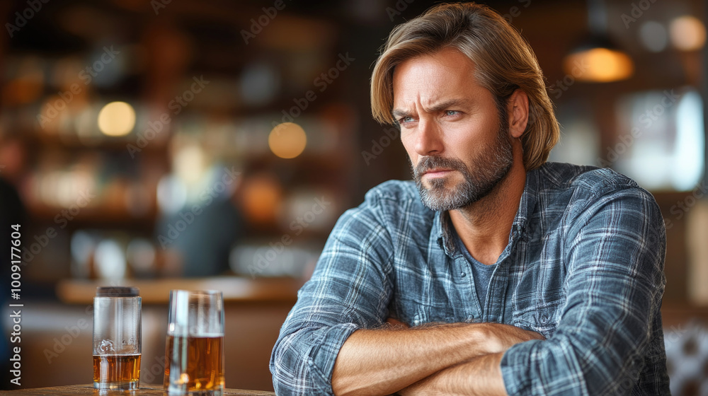 A man with long hair sits at a bar, looking contemplative while two glasses of beer rest in front of him, capturing a reflective moment A man with long hair sits at a bar, looking contemplative while two glasses of beer rest in front of him, capturing a reflective moment