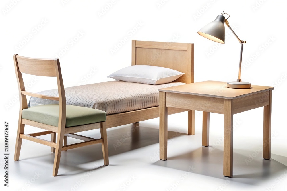 Fototapeta premium Elegant single bed with table, lamp, and chair isolated on white background Close-Up