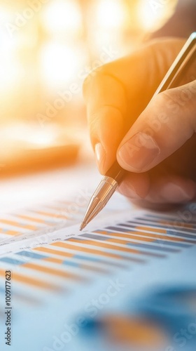 Hand holding pen over financial graph with blurred background.
