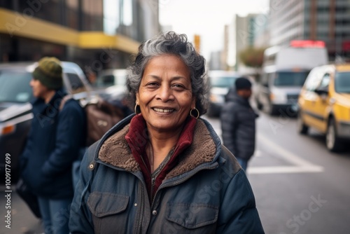 Portrait of a glad indian woman in her 60s wearing a zip-up fleece hoodie isolated on busy urban street