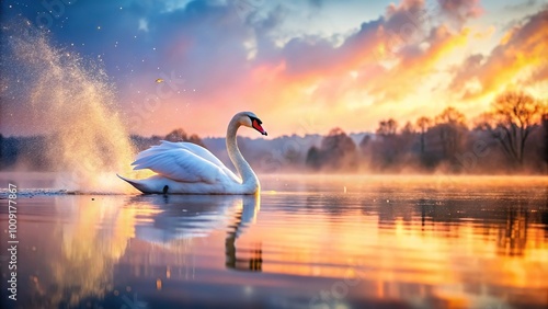 Fototapeta Naklejka Na Ścianę i Meble -  Elegant swan swimming gracefully in tranquil sunset lake with colorful dust in trace style