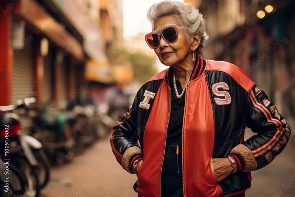Portrait of a satisfied indian woman in her 80s sporting a stylish varsity jacket on busy urban street Portrait of a satisfied indian woman in her 80s sporting a stylish varsity jacket on busy urban street