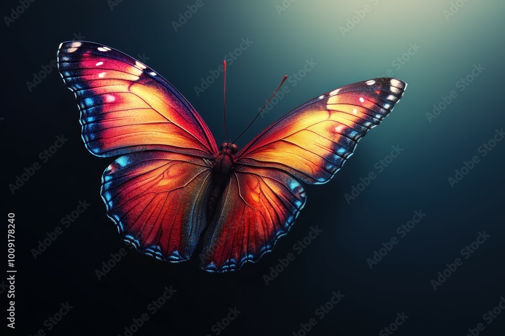 Obraz premium A colorful butterfly with its wings spread wide against a dark blue background.