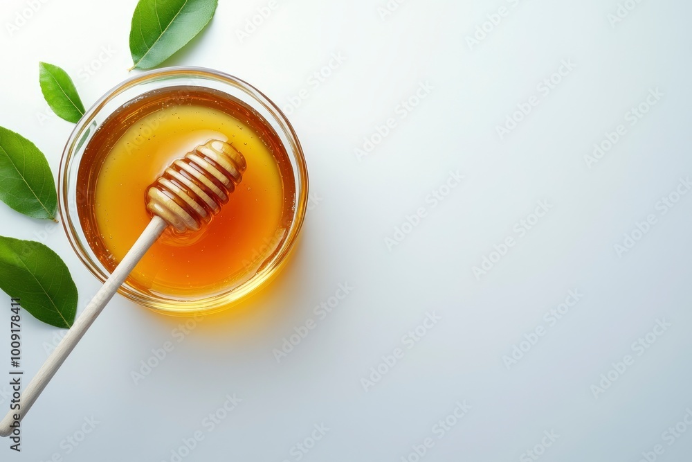 Glass bowl of honey with honey dipper isolated on white background. top view - generative ai Glass bowl of honey with honey dipper isolated on white background. top view - generative ai