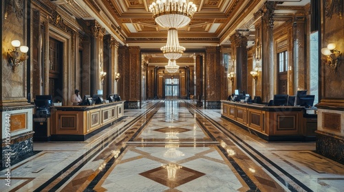 Fototapeta Naklejka Na Ścianę i Meble -  The inside of a high-end bank with marble floors, large chandeliers, and tellers behind elegant counters.