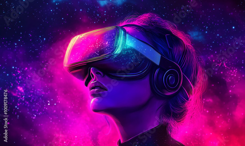 Beautiful woman in VR glasses in pink neon background space, fantasy digital world.