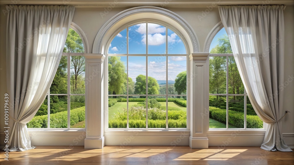Fototapeta premium Elegant White Curtains Frame Large Arched Window Overlooking Serene Garden Panoramic
