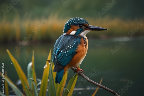 Cute kingfisher sitting on cattail in nature Generative AI photo