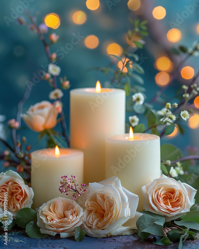 cute cozy candle in flowers