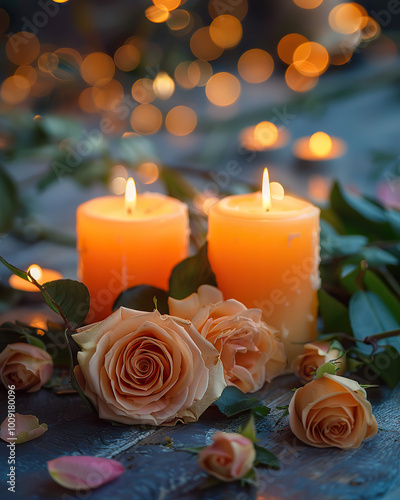 cute cozy candle in flowers photo