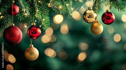 Elegant Christmas Ornaments Hanging from Green Pine Branches with Warm Bokeh Lights