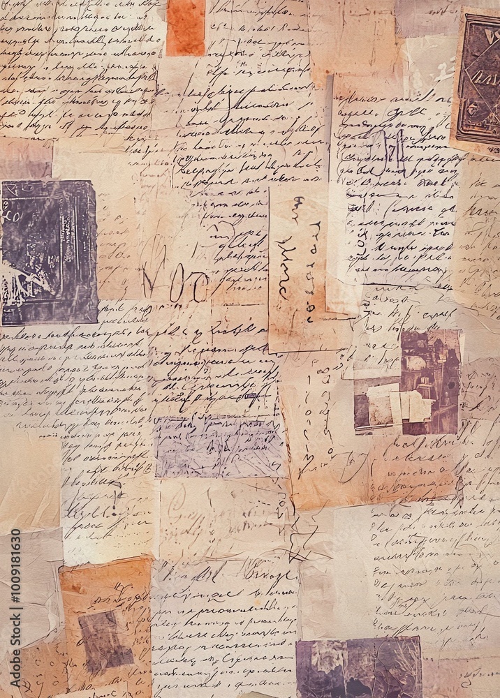 Fototapeta premium Distressed Vintage Script Collage with Handwritten Letters and Postcards, Junk Journal Background