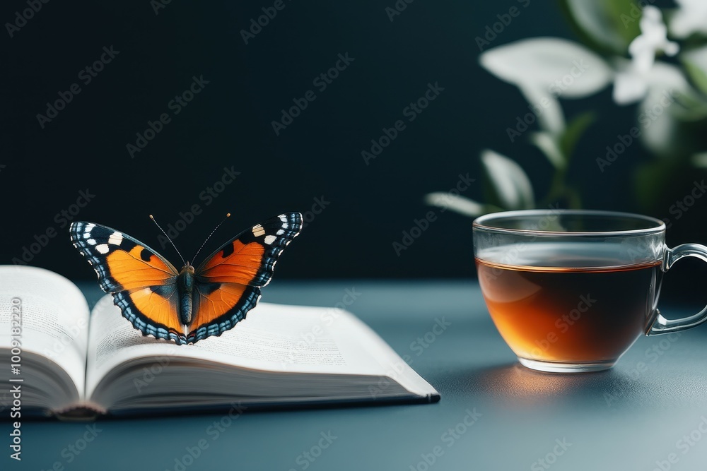 A butterfly rests on an open book next to a cup of tea. A butterfly rests on an open book next to a cup of tea.