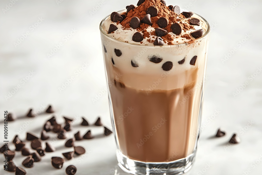 Creamy chocolate drink topped with chips Creamy chocolate drink topped with chips