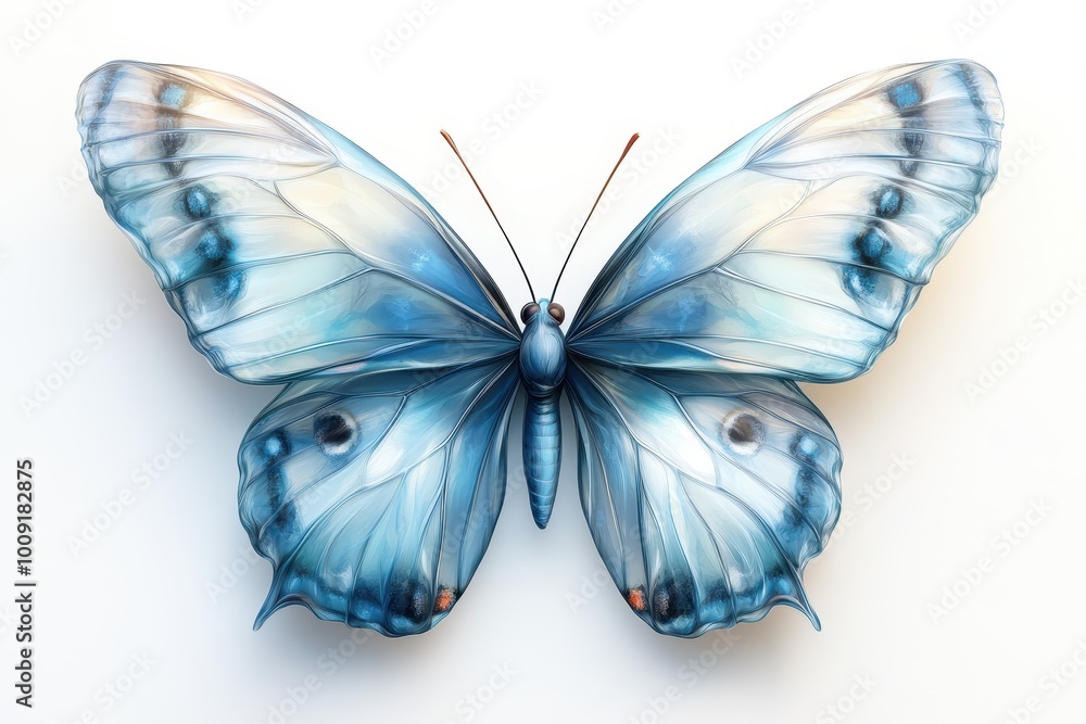 Obraz premium A stunning blue butterfly showcasing intricate details and vibrant hues, perfect for nature enthusiasts and art lovers, white background.
