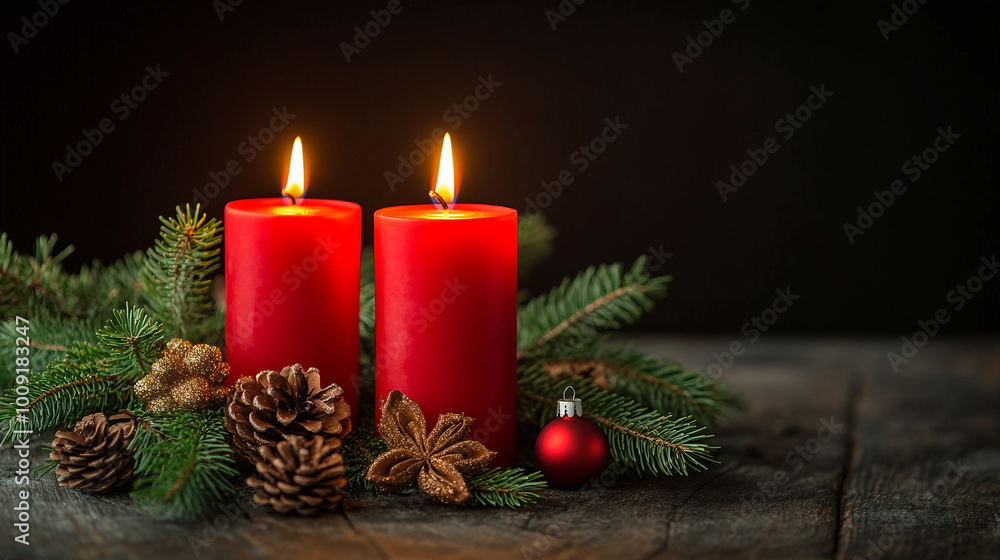 Warm Red Candles Surrounded by Pine Cones and Greenery Creating a Cozy Atmosphere Warm Red Candles Surrounded by Pine Cones and Greenery Creating a Cozy Atmosphere