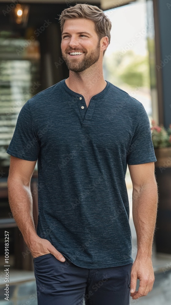 Short-sleeve henley shirt with a classic design, perfect for casual summer outfits. Short-sleeve henley shirt with a classic design, perfect for casual summer outfits.