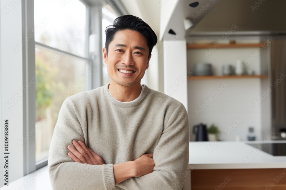Portrait of a smiling asian man in his 30s wearing a cozy sweater isolated on modern minimalist interior Portrait of a smiling asian man in his 30s wearing a cozy sweater isolated on modern minimalist interior
