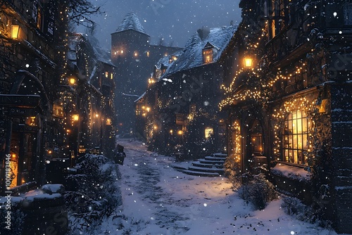 Charming snowy village with twinkling lights