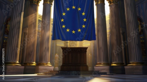 European Union flag in a historic hall with golden columns photo