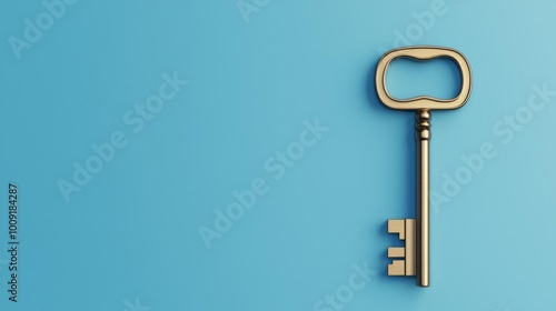 Golden key on blue background