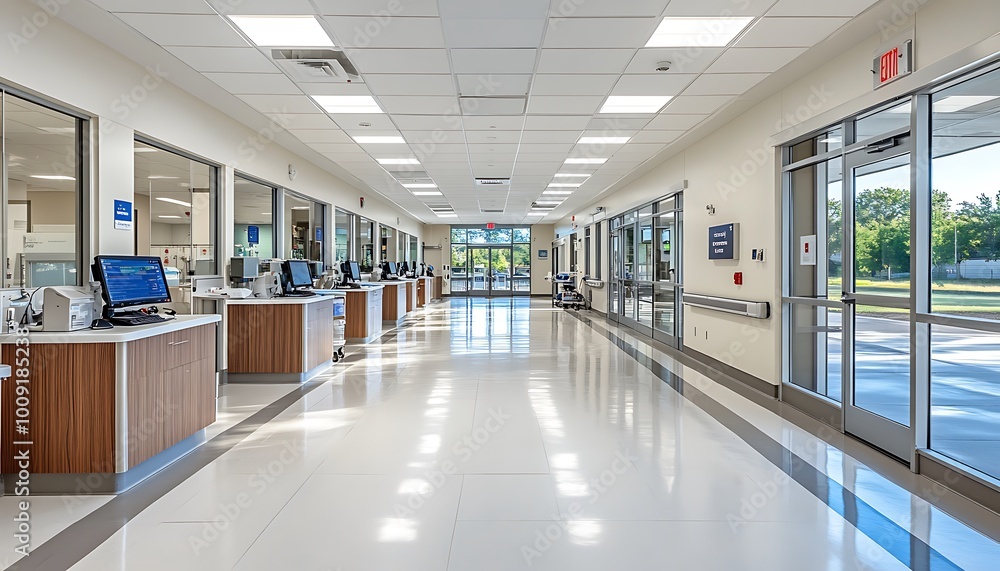 Hospital Hallway with Gleaming Floors, Ambient Lighting, and Glass-Walled Rooms Hospital Hallway with Gleaming Floors, Ambient Lighting, and Glass-Walled Rooms