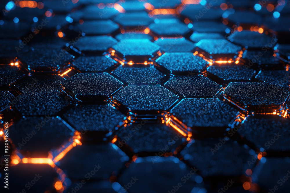 mesmerizing abstract 3D rendering showcasing hexagonal pattern with glowing edges and wet surface, creating futuristic and dynamic atmosphere mesmerizing abstract 3D rendering showcasing hexagonal pattern with glowing edges and wet surface, creating futuristic and dynamic atmosphere