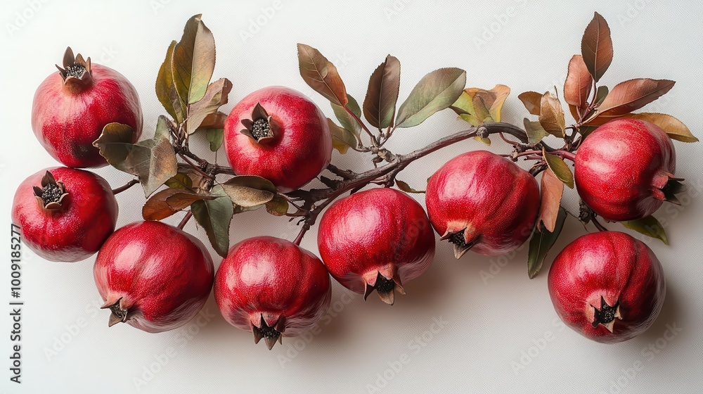 pomegranate branch adorned with ripe glossy fruit and intricately detailed emerald leaves set against a soft white backdrop that accentuates the vibrant colors and natural textures pomegranate branch adorned with ripe glossy fruit and intricately detailed emerald leaves set against a soft white backdrop that accentuates the vibrant colors and natural textures