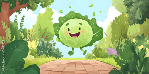 Happy Cabbage Cartoon Character on Pathway


